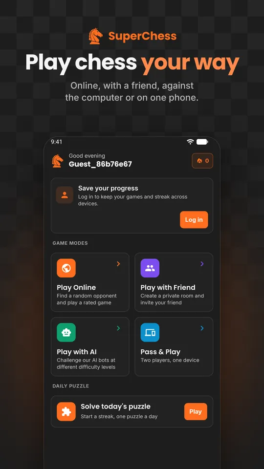 SuperChess Android app home screen